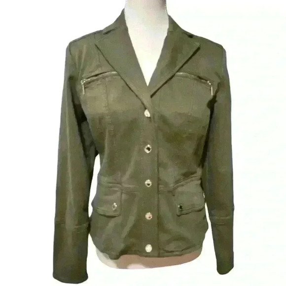 White House Black Market Snap Front Peplum Olive Green  Jacket Size 4 - Picture 4 of 13